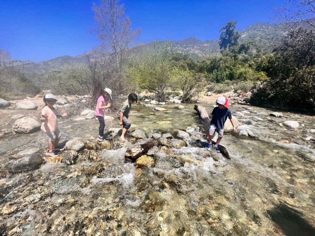 kids crossing water stream